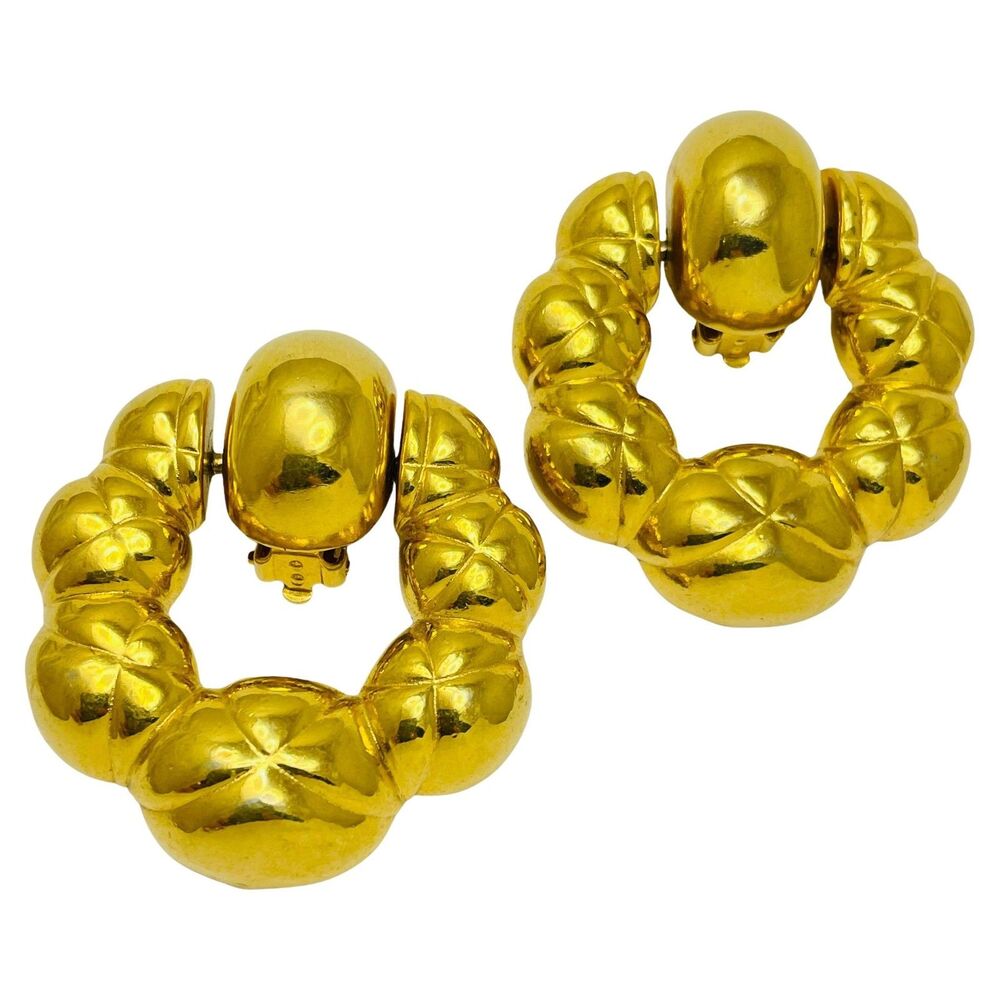 ANNE KLEIN vintage gold quilted door knocker designer clip on earrings